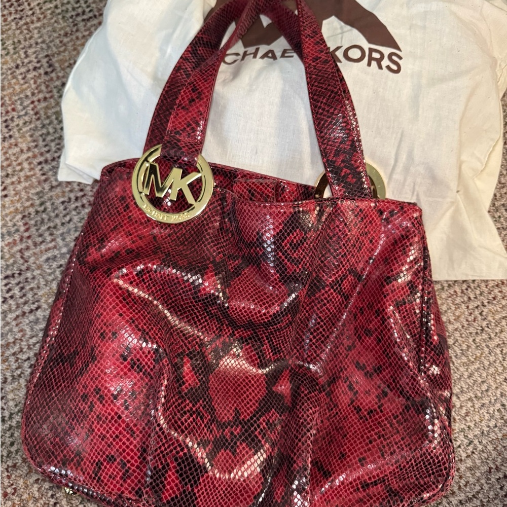 Michael Kors Fulton East-West Tote Red Python Embossed Leather Bag